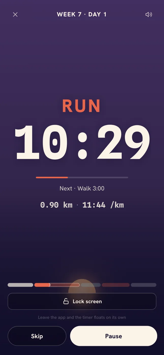 A run in progress: RUN, 10:29, with distance and pace below