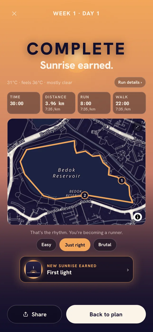A finished run: Complete, Sunrise earned, with a map of the route